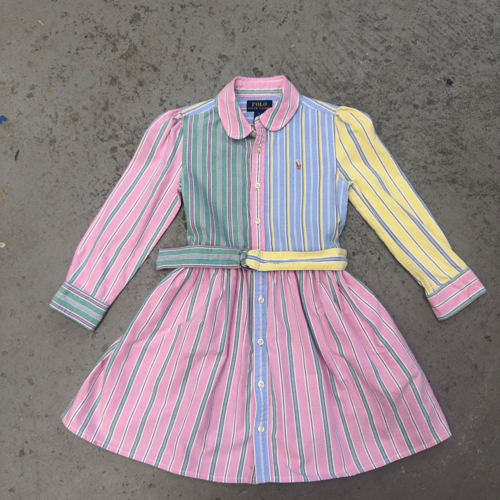 Polo Ralph Lauren Girls Multi Color Fun Stripe Cotton Belted Shirtdress Size 5